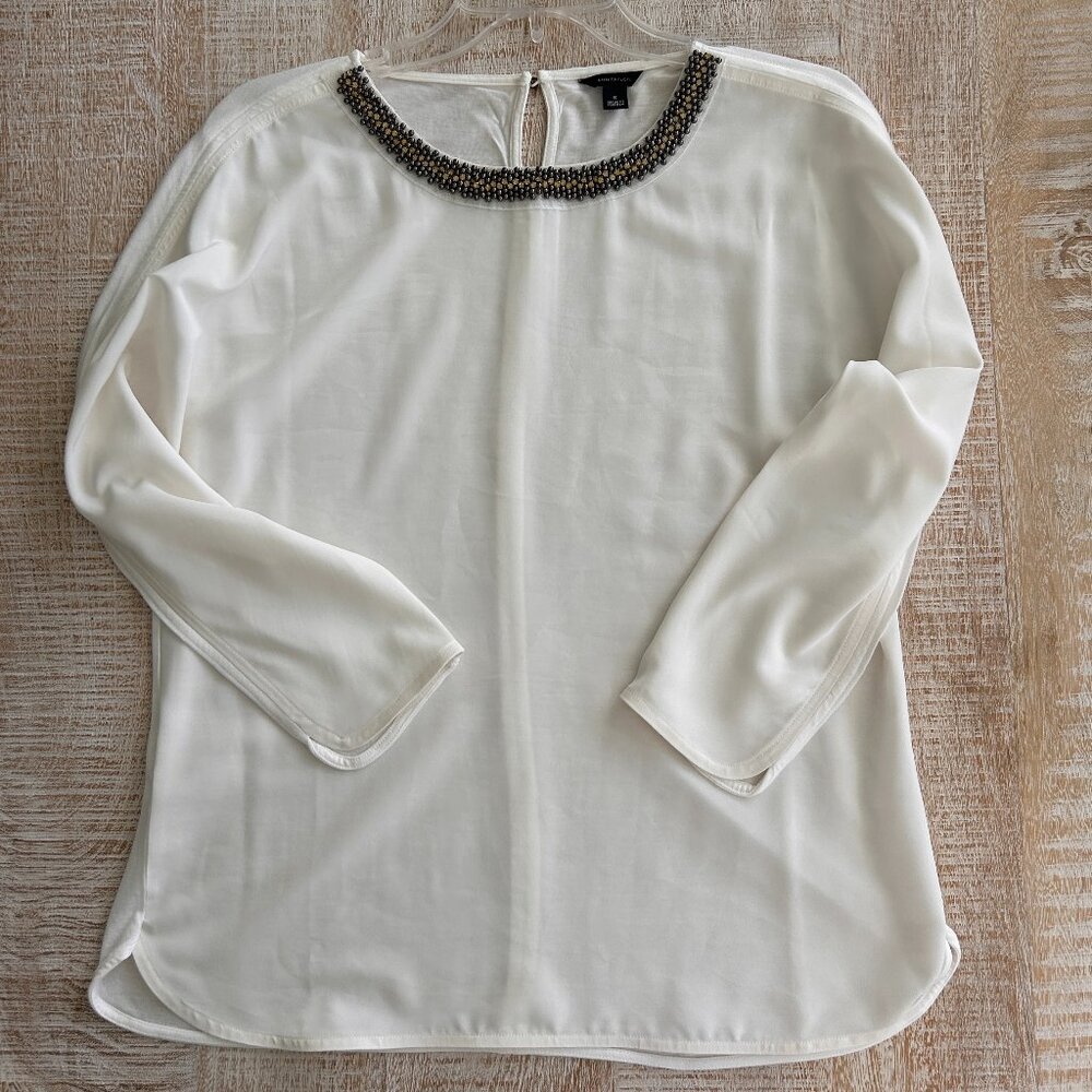 Ann Taylor Ivory Beaded Scoop Neck Mix Media Shirt/Blouse/Top Size Small